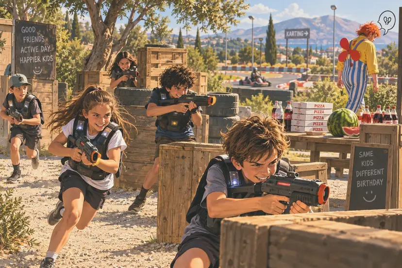 Παιδιά παίζουν laser tag σε υπαίθρια αρένα, με μια πίστα καρτ πίσω τους και έναν ανιματέρ ντυμένο κλόουν να στέκεται άπραγος στην άκρη