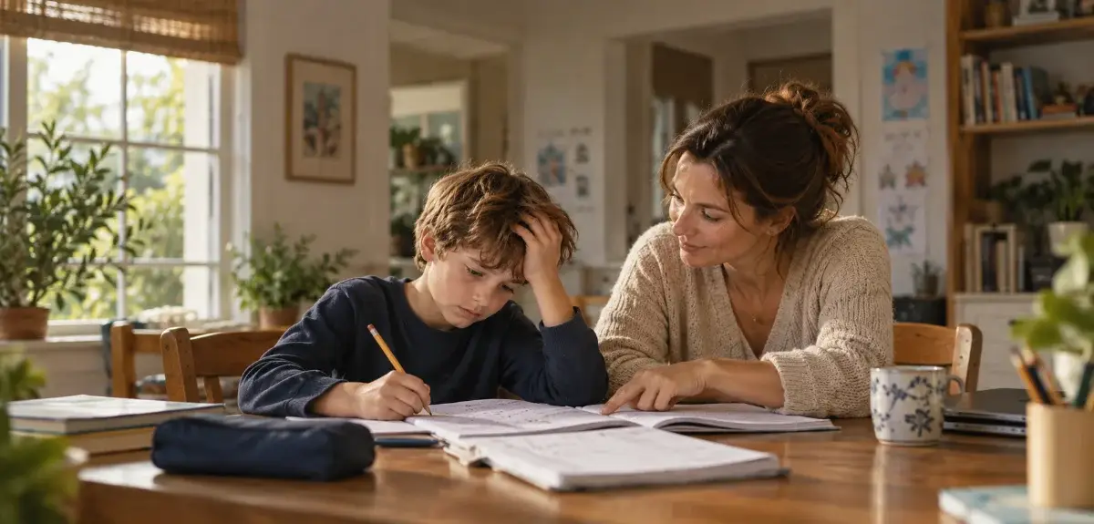 A parent and child working on homework together