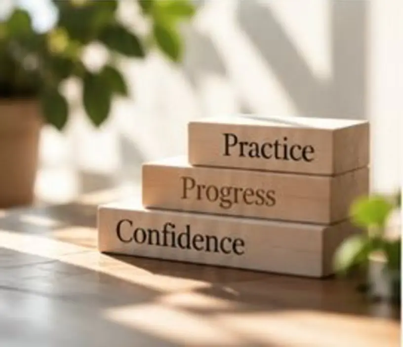 Wooden blocks reading Practice, Progress, Confidence