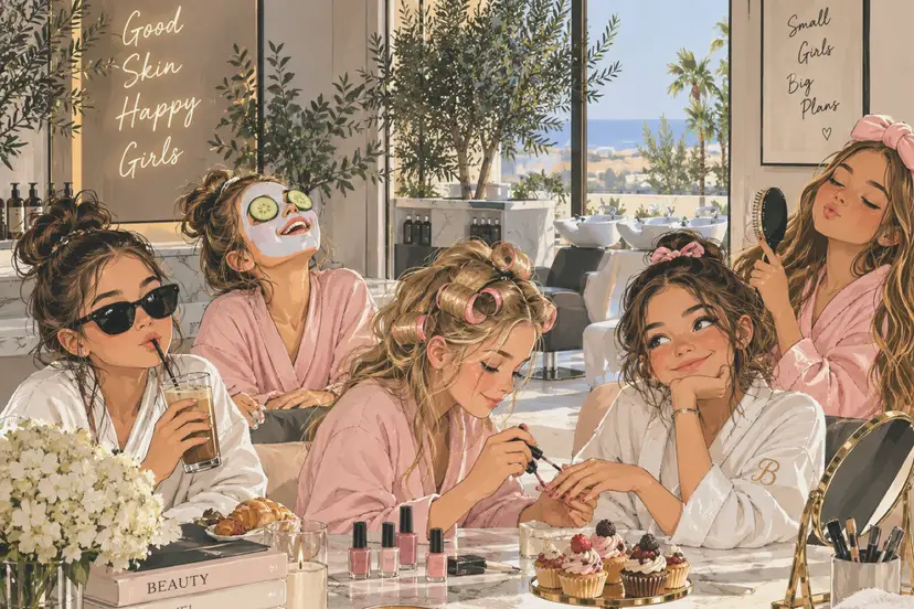 Πέντε κορίτσια με μπουρνούζια σε ένα πάρτι spa: μάσκα προσώπου με αγγούρι, ρόλεϊ μαλλιών, βερνίκι νυχιών και cupcakes πάνω σε ένα μαρμάρινο τραπέζι