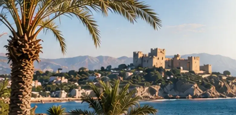 Φοίνικες στην ακτή, και πιο πέρα ένα κάστρο πάνω σε λόφο, βουνά και η θάλασσα