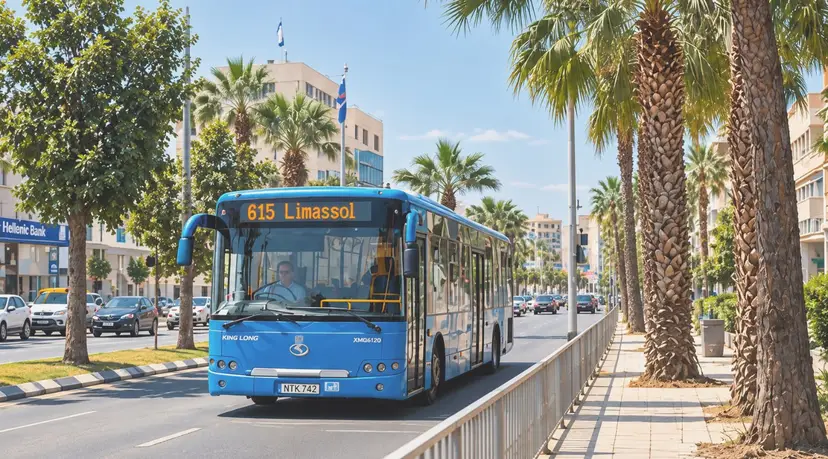 Ένα μπλε αστικό λεωφορείο με την πινακίδα 615 Limassol ανάμεσα σε φοινικόδεντρα