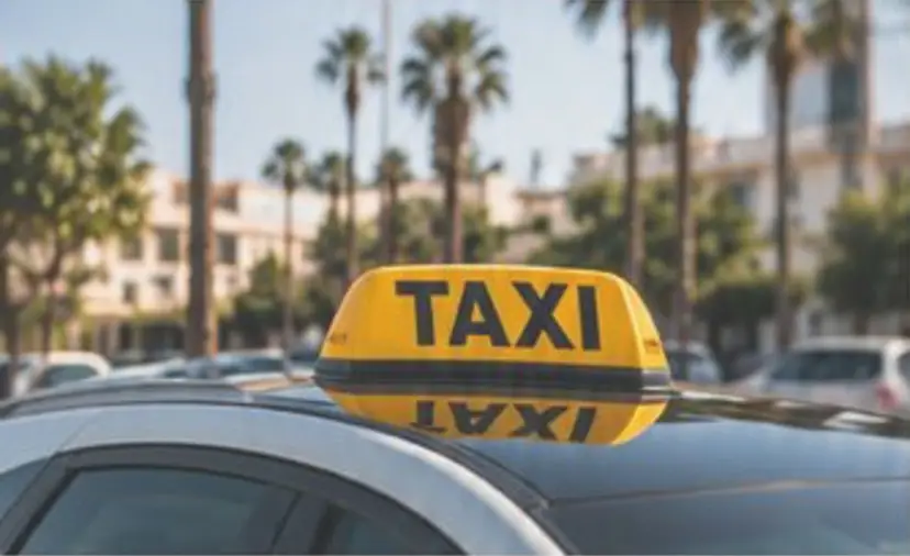 Κίτρινη πινακίδα TAXI στην οροφή ενός αυτοκινήτου, σε δρόμο με φοινικόδεντρα