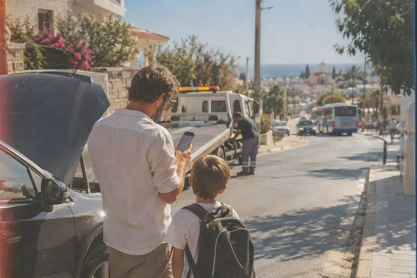 Ένας άντρας και ένα αγόρι δίπλα σε ένα αυτοκίνητο με ανοιχτό καπό κοιτάζουν ένα κινητό· πίσω τους ένας γερανός και πιο κάτω στον δρόμο ένα αστικό λεωφορείο