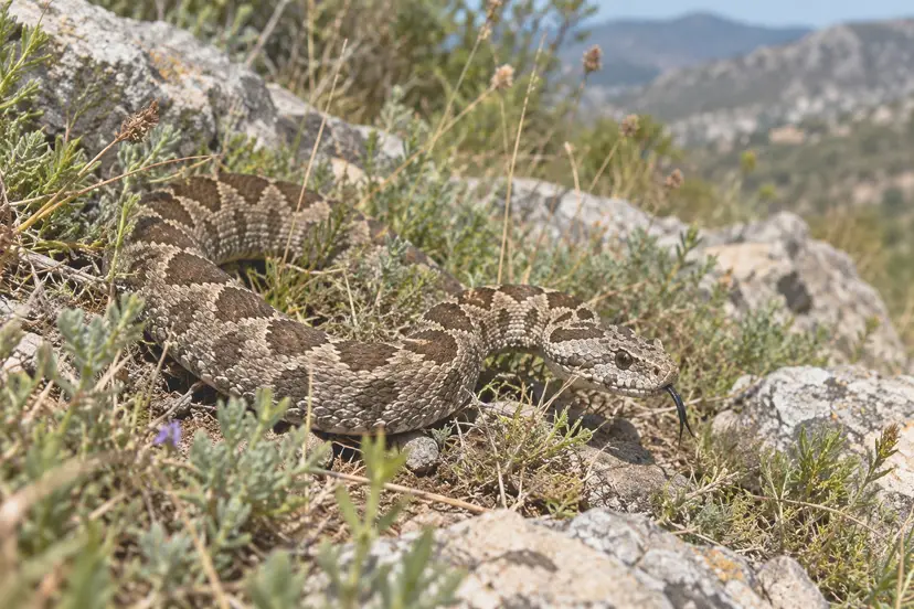Ένα φίδι με σχέδιο σε ρόμβους ξαπλωμένο σε πέτρες ανάμεσα σε ξερά χόρτα, με βουνά στο βάθος