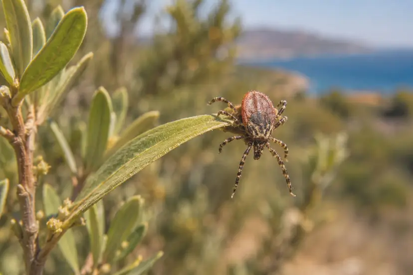 Ένα τσιμπούρι πάνω σε φύλλο θάμνου, με την ακτή και τη θάλασσα πίσω του