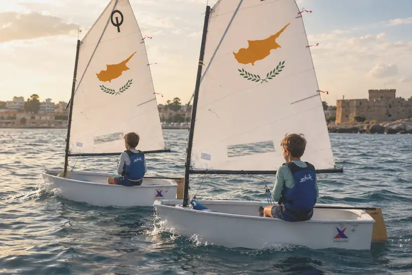 Δύο παιδιά πλέουν με σκάφη Optimist με την κυπριακή σημαία κοντά σε μια ακτή με κάστρο