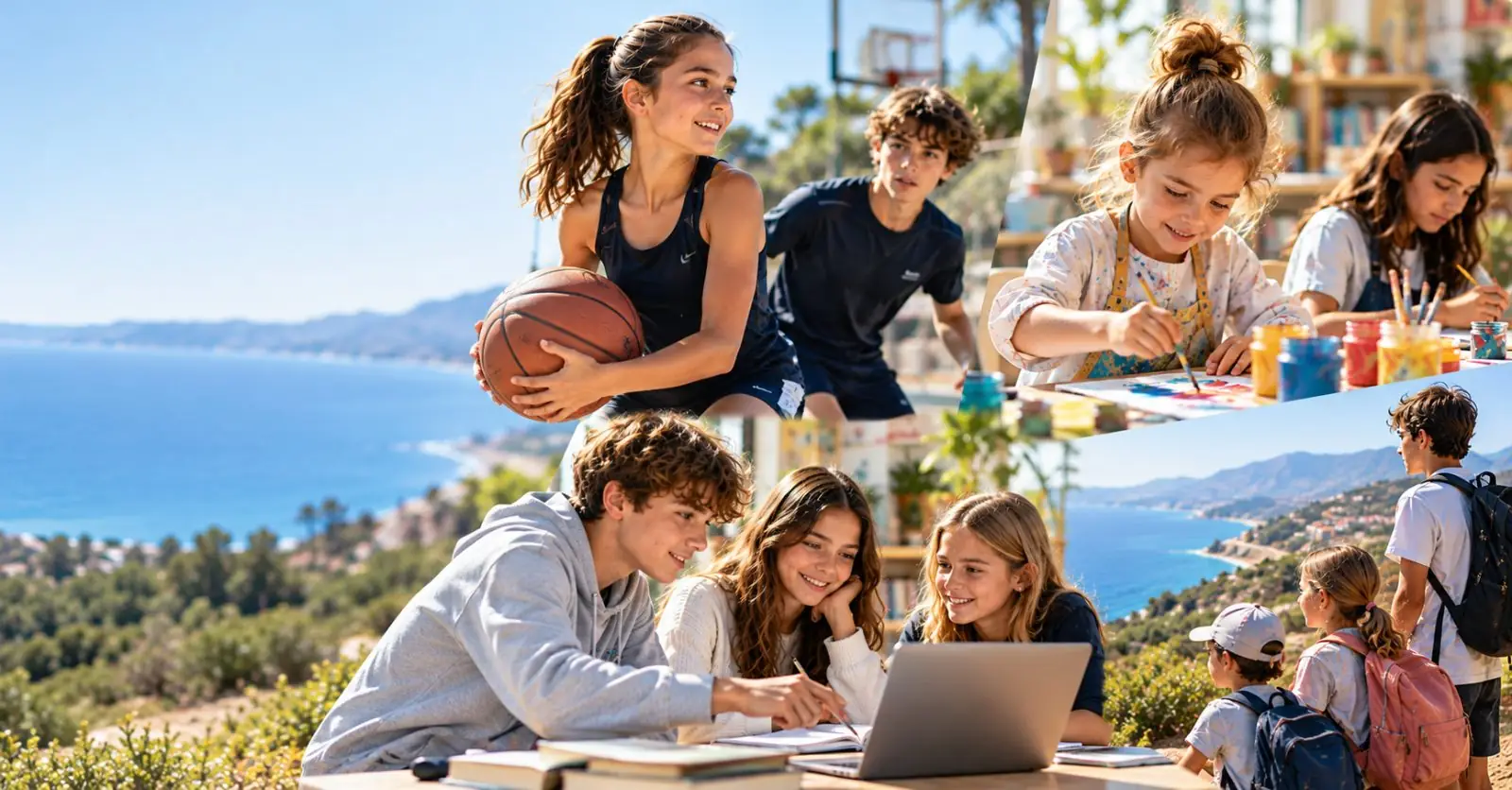 Children doing sport, art, study and hiking in Cyprus